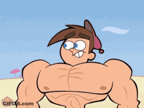 Shirtless Cartoon Flexing Muscles Pink Background GIF