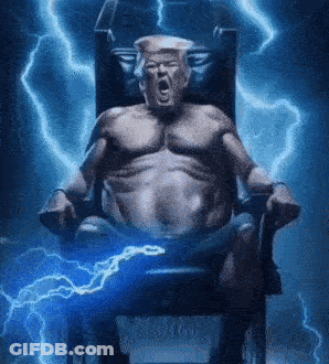 Shirtless Donald Trump Sitting In Chair With Lightning Behind GIF