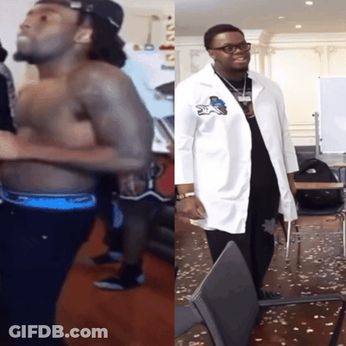 Shirtless Man And Man In Lab Coat GIF
