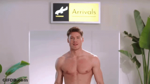 Shirtless Man At Airport Arrivals Sign GIF