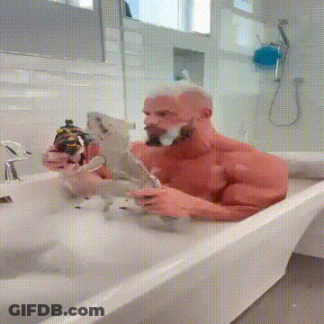 Shirtless Man Bathing With Parrot GIF