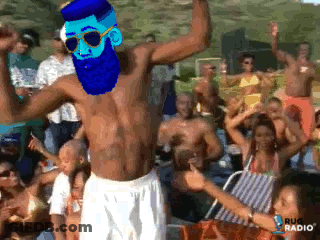 Shirtless Man Blue Beard Sunglasses Dancing Crowd Sponsored Rug Radio GIF