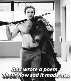 Shirtless Man Carrying Bear And Gun Wrote Sad Poem GIF