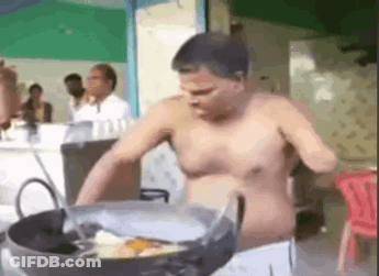 Shirtless Man Cooking In Pot In Restaurant GIF