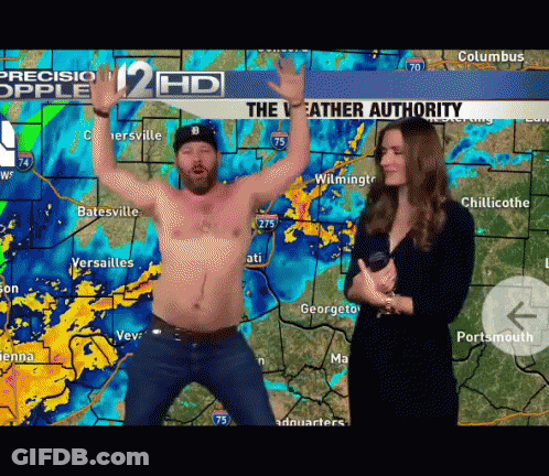 Shirtless Man Dancing In Front Of Weather Report GIF