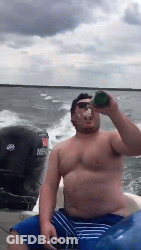 Shirtless Man Drinking From Bottle On Mercruiser Boat GIF