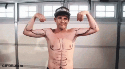 Shirtless Man Flexing Muscles In Front Of Garage Door GIF
