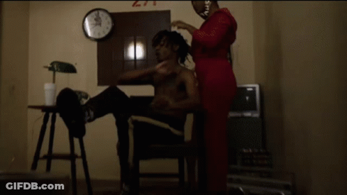 Shirtless Man Getting Hair Done By Woman, Room 271 GIF