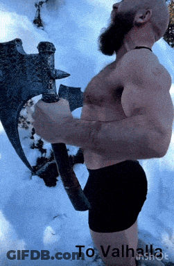 Shirtless Man Holding Axe In Snow GIF