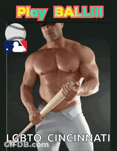 Shirtless Man Holding Baseball Bat Play Ball LGBTQ Cincinnati GIF