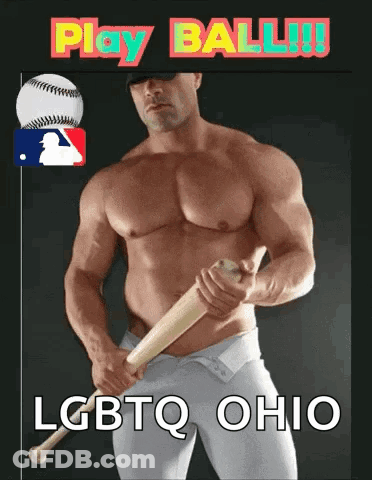 Shirtless Man Holding Baseball Bat Saying Play Ball GIF