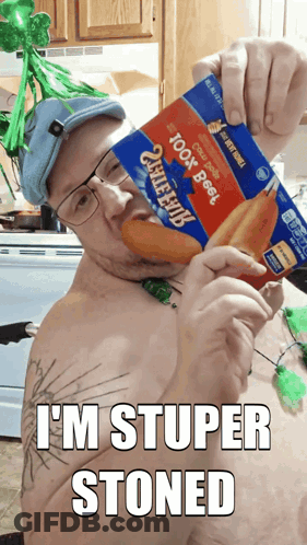 Shirtless Man Holding Beef Chili Fries Bag GIF