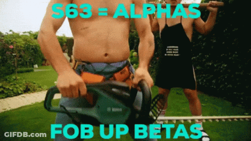 Shirtless Man Holding Chainsaw S63 Alphas Fob Up Betas GIF