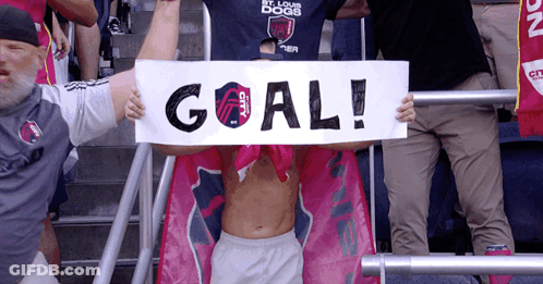 Shirtless Man Holding Goal Sign GIF