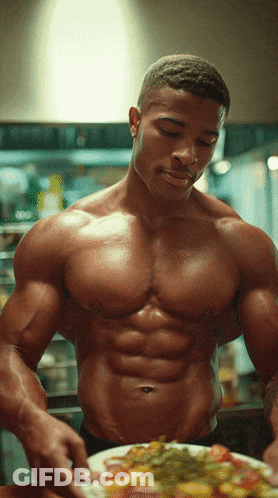Shirtless Man Holding Plate Of Food GIF