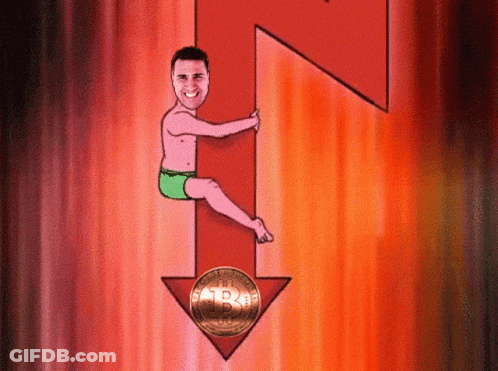 Shirtless Man Holding Red Arrow With Bitcoin Coin GIF