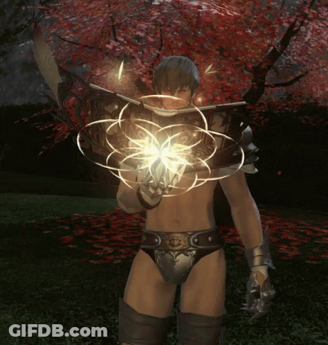 Shirtless Man Holding Shield And Sword Near Red-Leaf Tree GIF