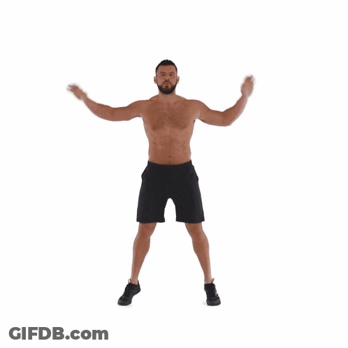 Shirtless Man In Black Shorts With Arms Up GIF