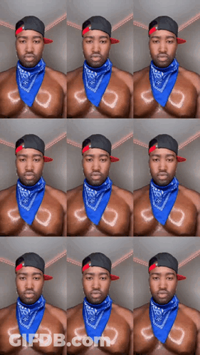 Shirtless Man In Blue Bandana And Baseball Cap GIF
