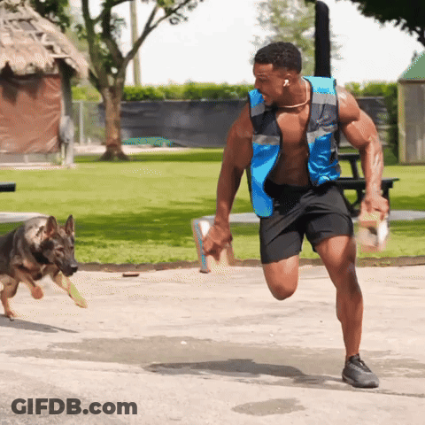 Shirtless Man In Blue Vest Running With Dog GIF