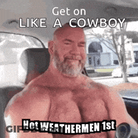 Shirtless Man In Car With Cowboy Text GIF