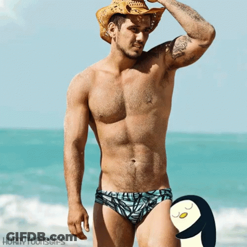 Shirtless Man In Cowboy Hat And Swim Trunks GIF