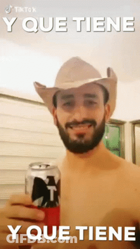 Shirtless Man In Cowboy Hat Holding Beer GIF
