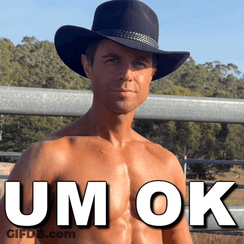Shirtless Man In Cowboy Hat With Um Ok On Chest GIF