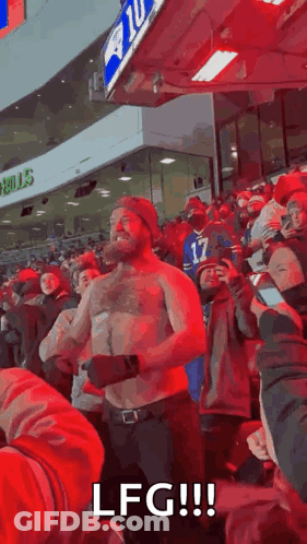 Shirtless Man In Crowd At Hockey Game GIF