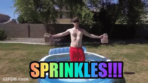 Shirtless Man In Inflatable Pool Saying Sprinkles GIF