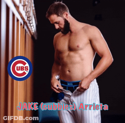 Shirtless Man In Locker Room With Cubs Logo GIF