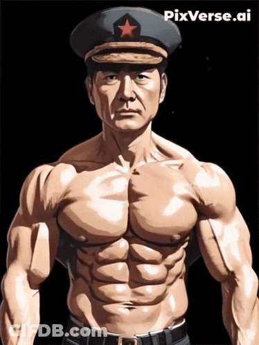 Shirtless Man In Military Hat With Red Star GIF