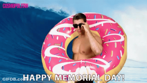Shirtless Man In Pink Donut Float Happy Memorial Day GIF