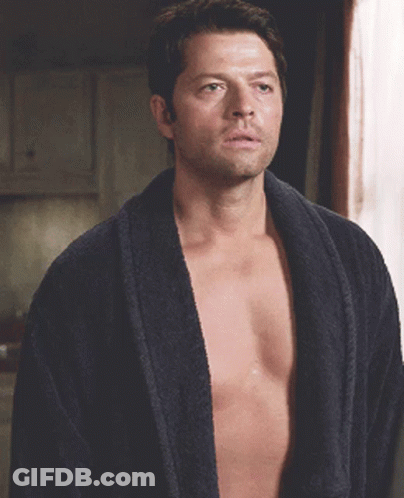 Shirtless Man In Robe Looking At Camera GIF