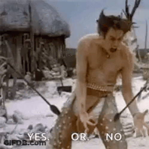 Shirtless Man In Snow Holding Sword Saying Yes Or No GIF