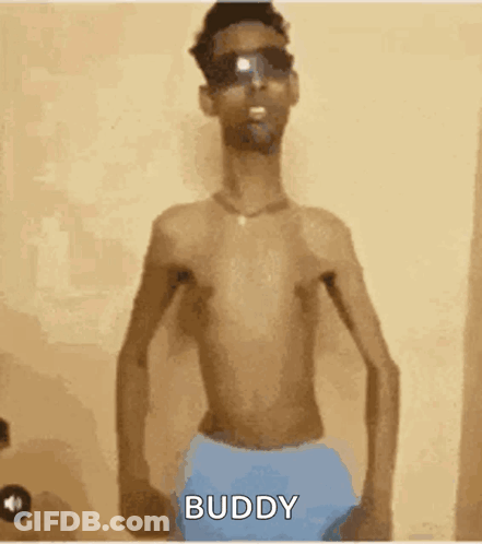 Shirtless Man In Sunglasses And Blue Shorts Saying Buddy GIF