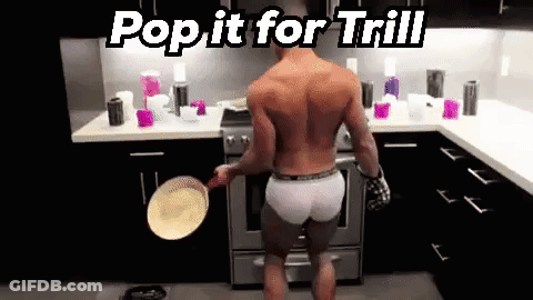 Shirtless Man In Underwear Holding Frying Pan Pop It For Trill GIF