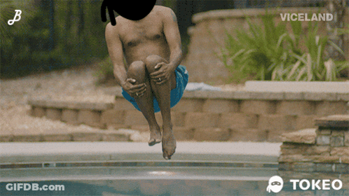 Shirtless Man Jumping Into Pool With Viceland GIF
