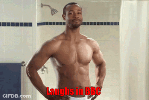 Shirtless Man Laughing In Bathroom With Red BBC GIF