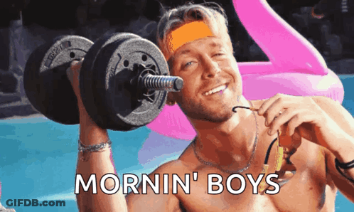 Shirtless Man Lifting Dumbbell Mornin ' Boys GIF