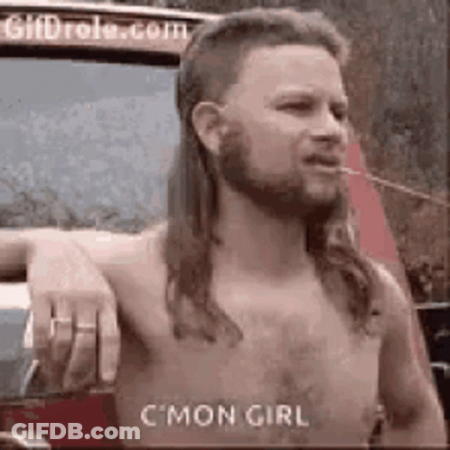 Shirtless Man Mullet Beard Before Red Truck GIF