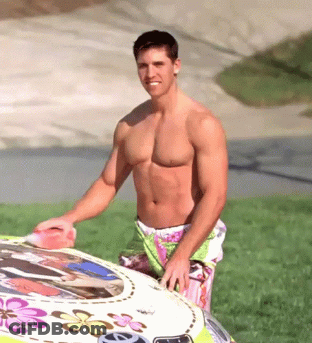Shirtless Man Next To Car With Flowers GIF