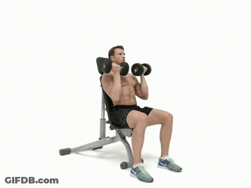 Shirtless Man On Bench Lifting Dumbbells Overhead GIF