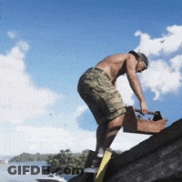 Shirtless Man On Rock With Toolbox And Hammer GIF