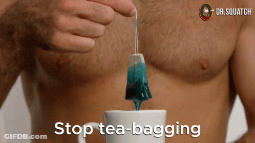 Shirtless Man Pouring Tea Bag Saying Stop Tea-Bagging GIF