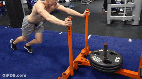 Shirtless Man Pushing Sled With 45 Weight Plate GIF