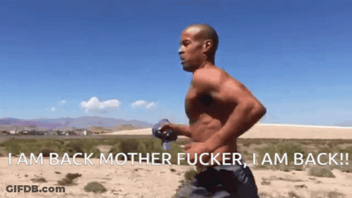 Shirtless Man Running In Desert Saying I Am Back Mother Fucker I Am Back GIF