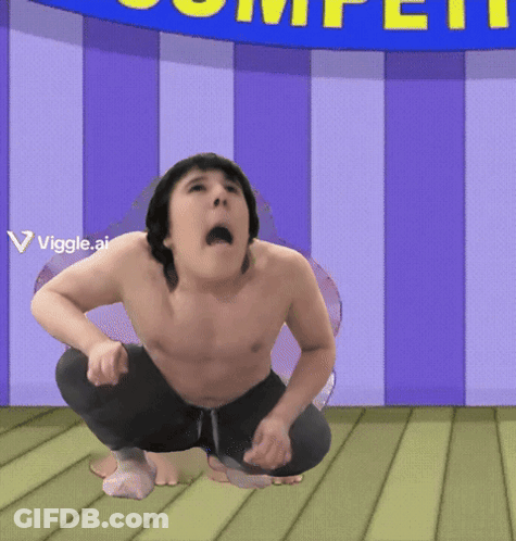 Shirtless Man Squatting In Front Of Competition Sign GIF