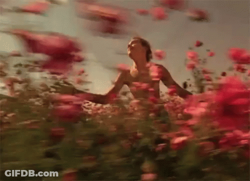 Shirtless Man Standing In Red Flowers Arms Outstretched GIF