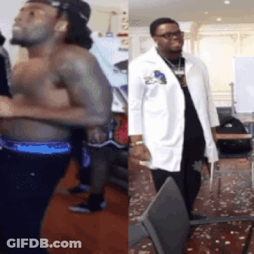 Shirtless Man Standing Next To Doctor In Lab Coat GIF